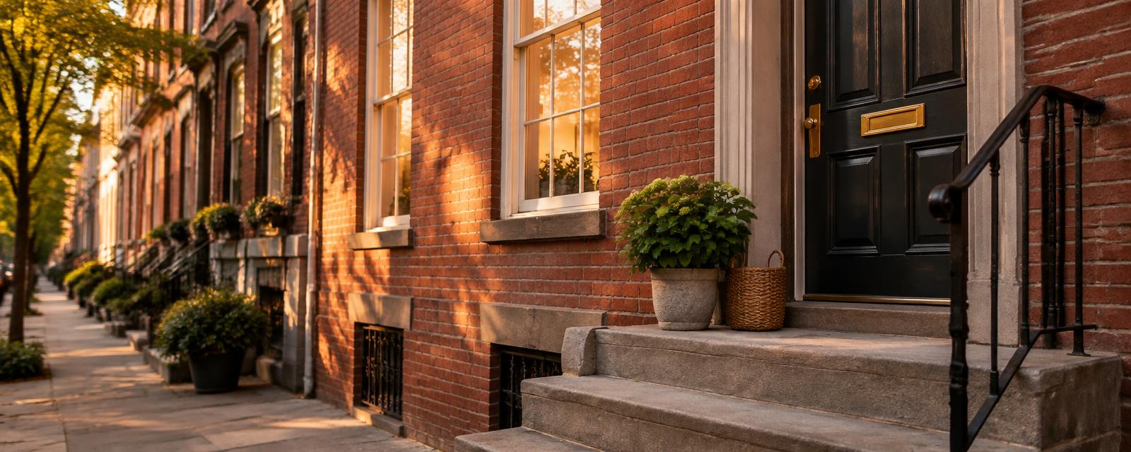 A Philadelphia rowhome entrance glowing at golden hour, ready for its next chapter